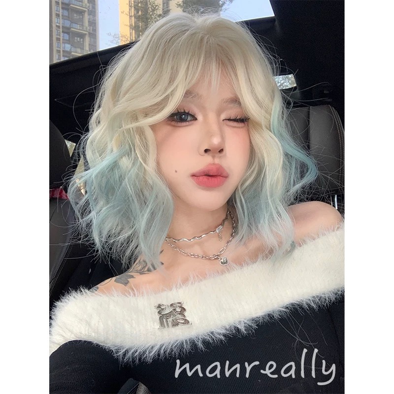 【現貨1】薄荷湖水 綠草綠 墨綠色 翠綠 森林綠 翡翠綠 綠色系列假髮💚捲髮假髮 直髮 短髮 前額蕾絲挑染假髮碧綠色-規格圖1