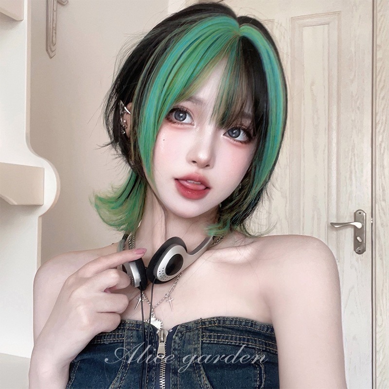 【現貨1】薄荷湖水 綠草綠 墨綠色 翠綠 森林綠 翡翠綠 綠色系列假髮💚捲髮假髮 直髮 短髮 前額蕾絲挑染假髮碧綠色-規格圖1