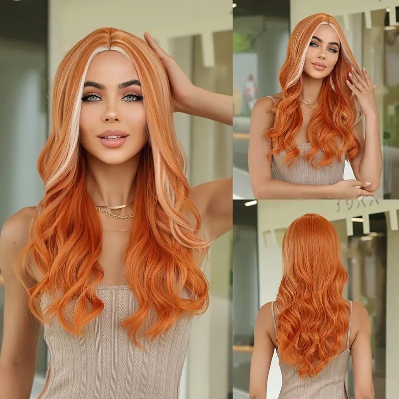 《悠帝》中分 淺米白挑染橘色 70cm