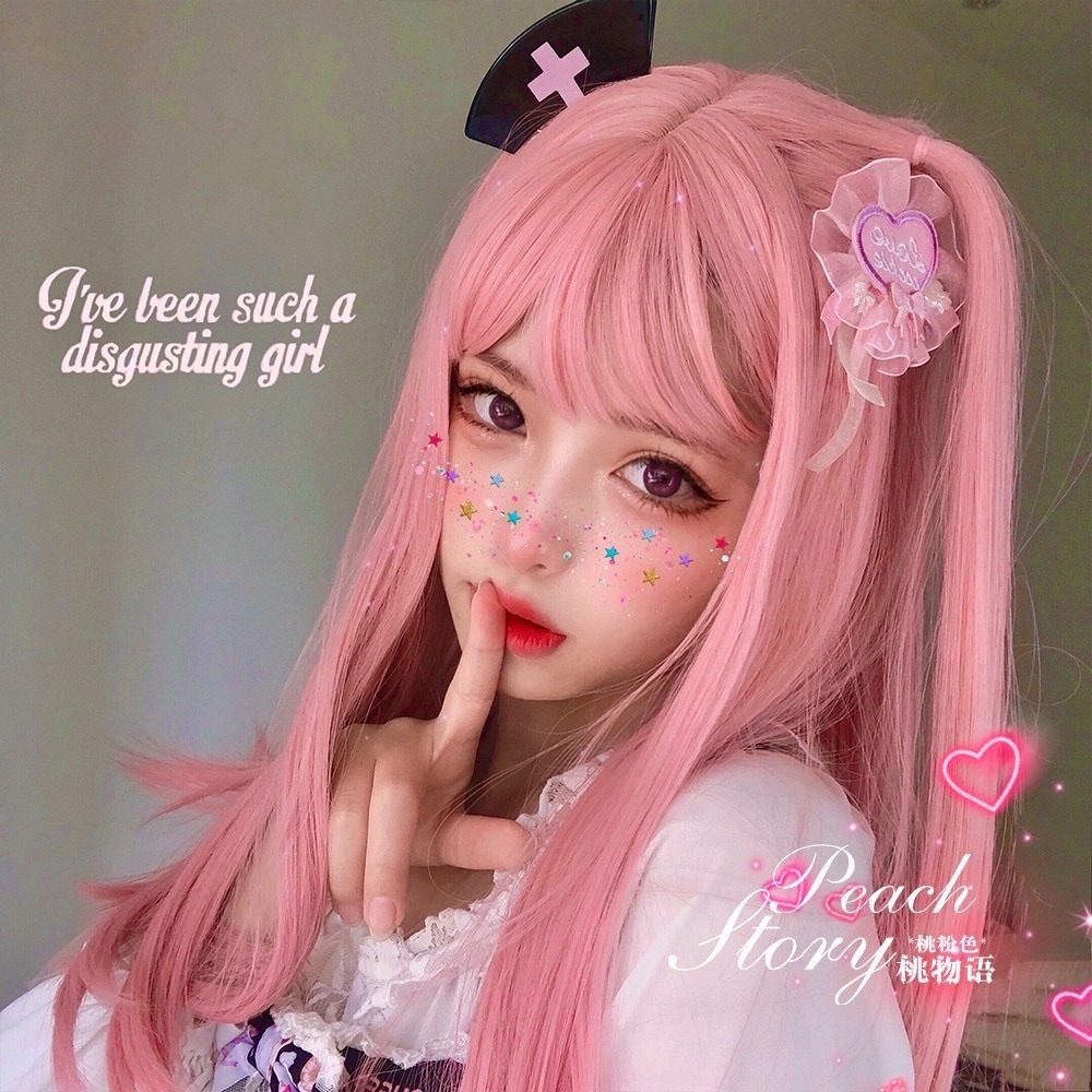 【現貨2】櫻花粉色 桃粉色 粉紅色 淺粉色 黑粉色 粉橘 灰粉色粉紫色系列假髮💖前額蕾絲假髮雙馬尾假髮Lolita假髮-規格圖5