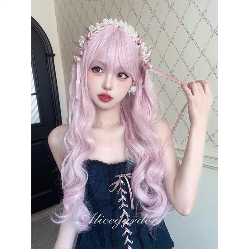 【現貨2】櫻花粉色 桃粉色 粉紅色 淺粉色 黑粉色 粉橘 灰粉色粉紫色系列假髮💖前額蕾絲假髮雙馬尾假髮Lolita假髮-規格圖5