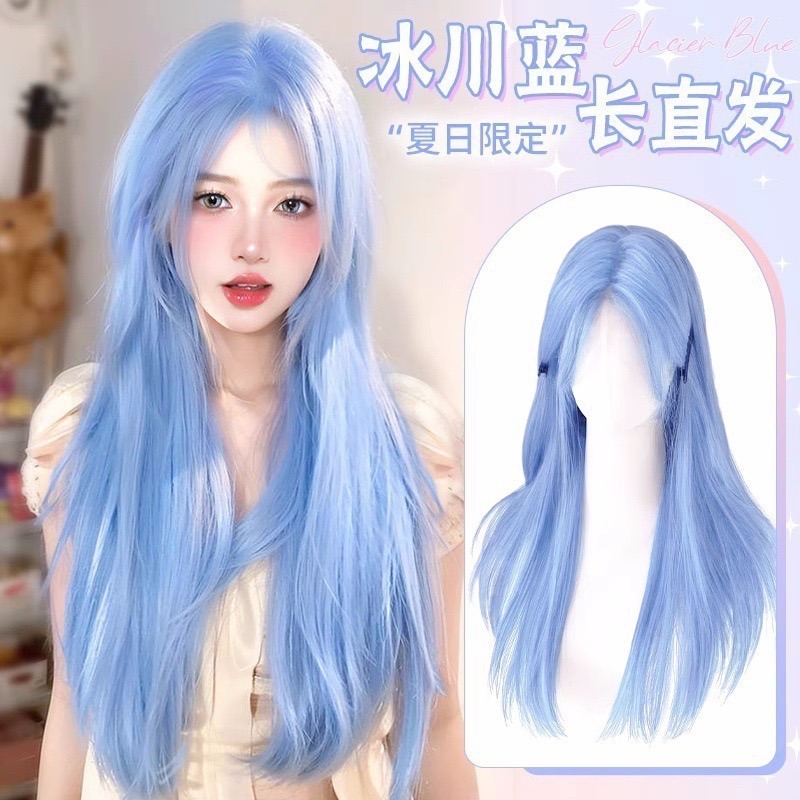 【現貨1】天藍色 寶藍色 銀河藍 灰藍色 黑藍色 藍白 水藍色系列假髮💙藍色假髮 捲髮假髮 直髮短髮長髮天使假髮天空藍-規格圖4