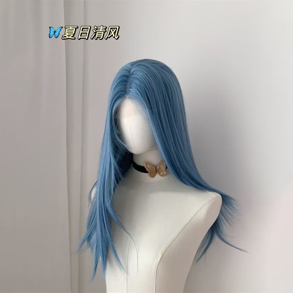 《清幽》前額蕾絲 中分 藍直髮 70cm