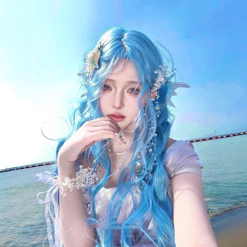 【現貨1】天藍色 寶藍色 銀河藍 灰藍色 黑藍色 藍白 水藍色系列假髮💙藍色假髮 捲髮假髮 直髮短髮長髮天使假髮天空藍-規格圖4