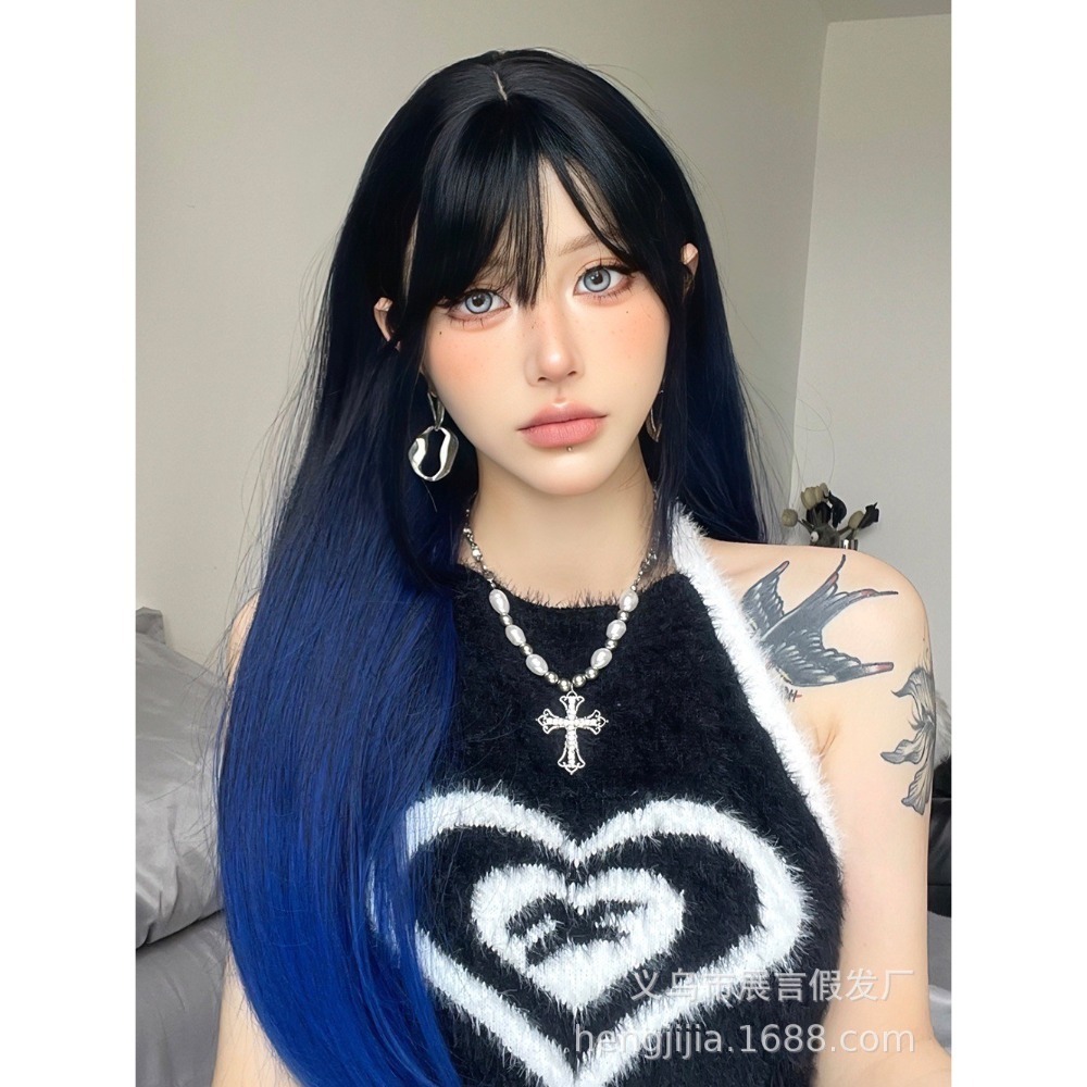 【現貨1】天藍色 寶藍色 銀河藍 灰藍色 黑藍色 藍白 水藍色系列假髮💙藍色假髮 捲髮假髮 直髮短髮長髮天使假髮天空藍-規格圖4