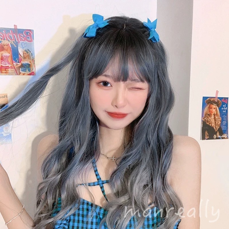 《蒼漩》黑挑染藍漸變灰 捲髮 50cm