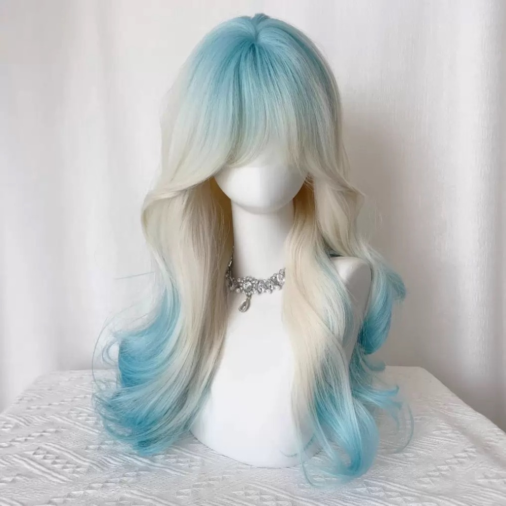 《溫蒞》湖藍綠漸變奶金 長捲髮 65cm
