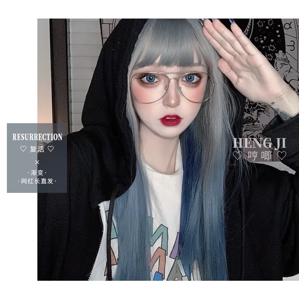 【現貨2】天藍色 寶藍色 銀河藍 灰藍色 黑藍色 藍白 水藍色系列假髮💙藍色假髮 漸層假髮挑染假髮藍黑假髮直髮假髮捲髮-規格圖4