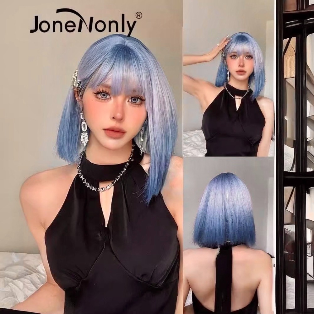 【現貨2】天藍色 寶藍色 銀河藍 灰藍色 黑藍色 藍白 水藍色系列假髮💙藍色假髮 漸層假髮挑染假髮藍黑假髮直髮假髮捲髮-規格圖4