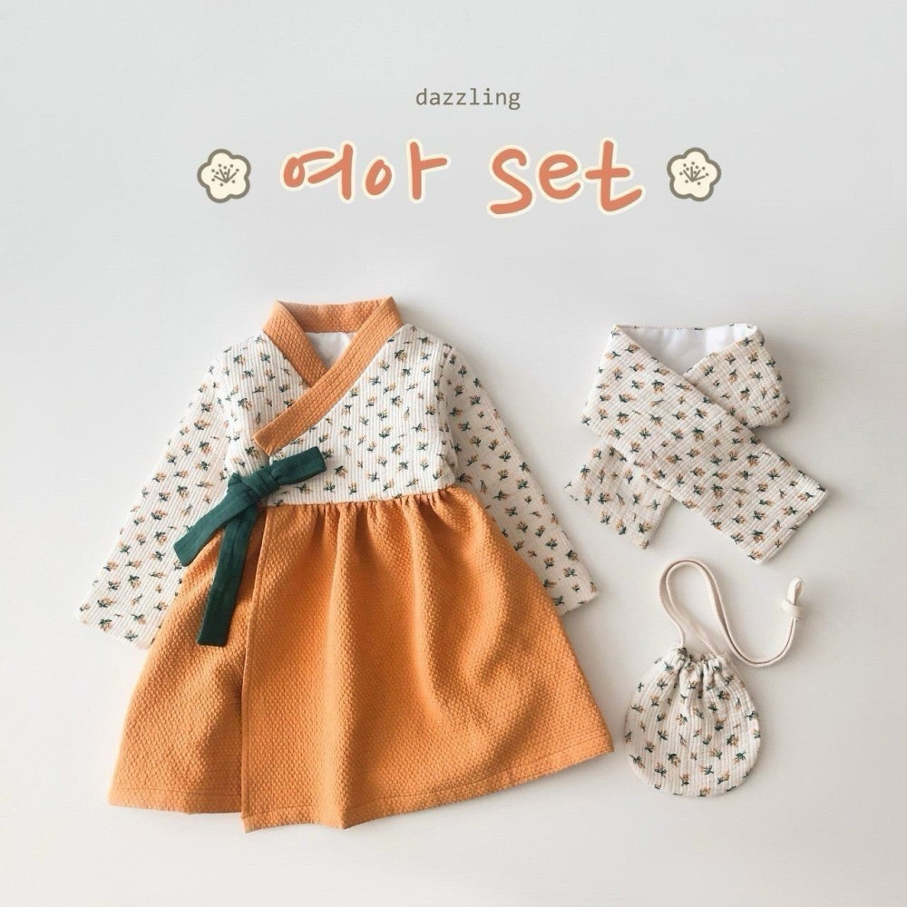 韓國製 濟州橘子新年韓服 洋裝套組 (韓服+圍巾+包包)-細節圖3