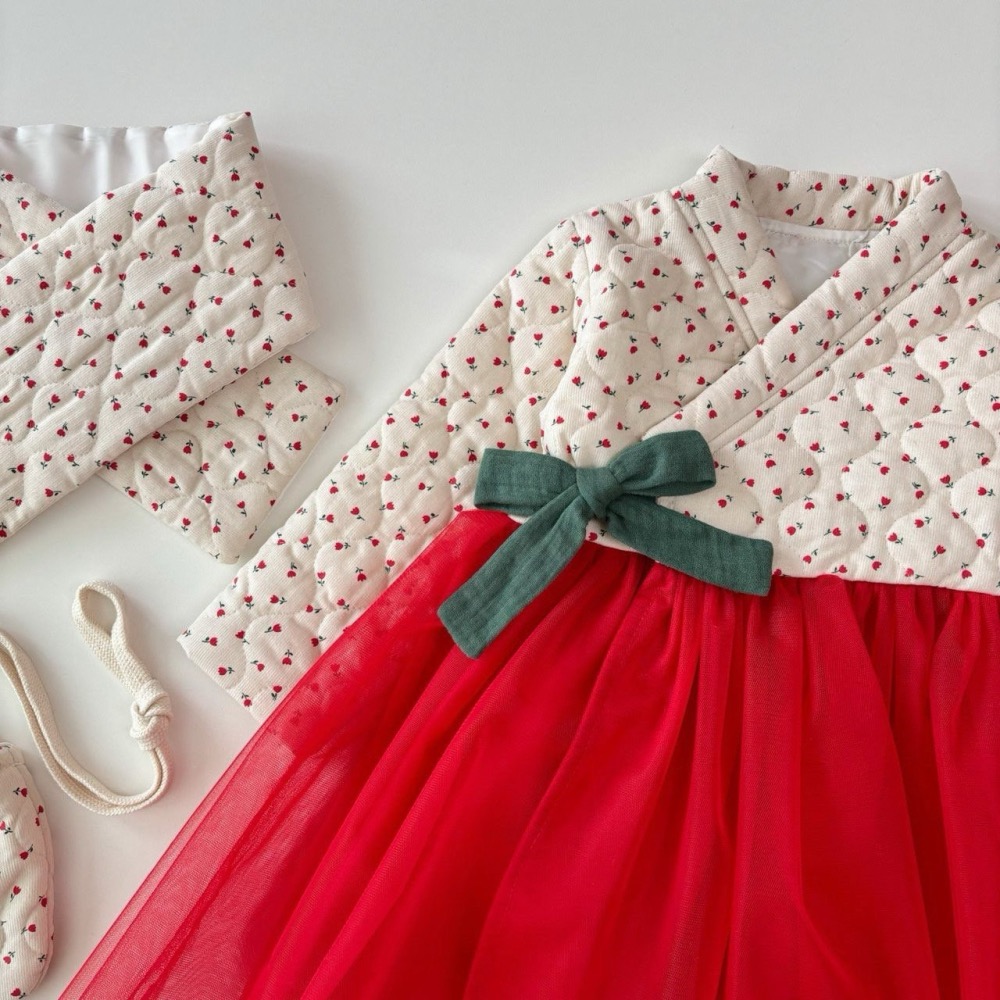 韓國製 Dazzling 新年韓服洋裝套組  拜年喜氣山茶花韓服 過年新衣 (韓服+圍巾+包包)-細節圖3