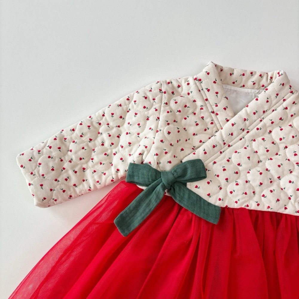 韓國製 Dazzling 新年韓服洋裝套組  拜年喜氣山茶花韓服 過年新衣 (韓服+圍巾+包包)-細節圖4