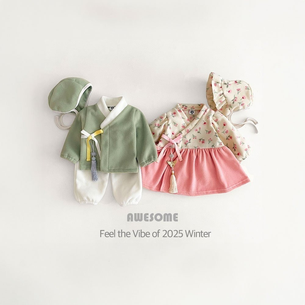 韓國製 新春碎花韓服 過年新衣(含帽子) Awesome 어썸베베 포근후리스한복-細節圖2