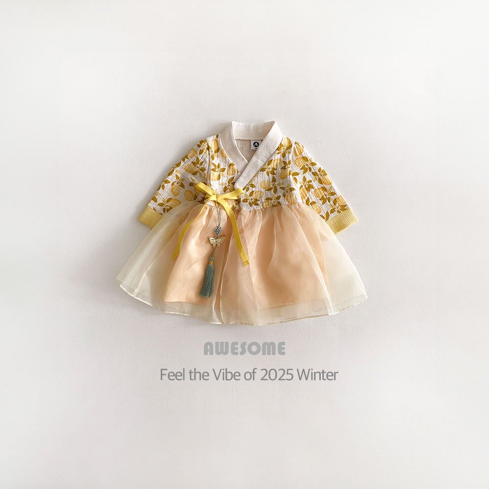 韓國 新春木瓜花果韓服 어썸베베 노란모과여아한복-細節圖2