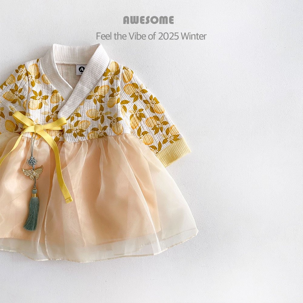 韓國 新春木瓜花果韓服 어썸베베 노란모과여아한복-細節圖3