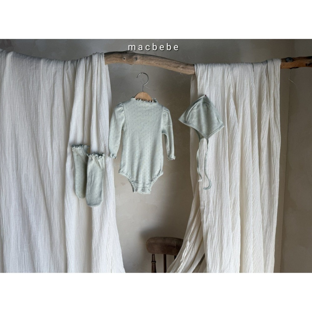 Macbebe 套裝 包屁衣+帽子+襪子 맥베베 아일렛3셋트(보넷+수트+삭스)-細節圖5