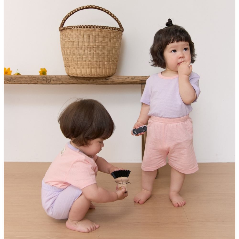 韓國製 馬卡龍夏季室內服套裝 (網眼) 短袖+短褲-細節圖2