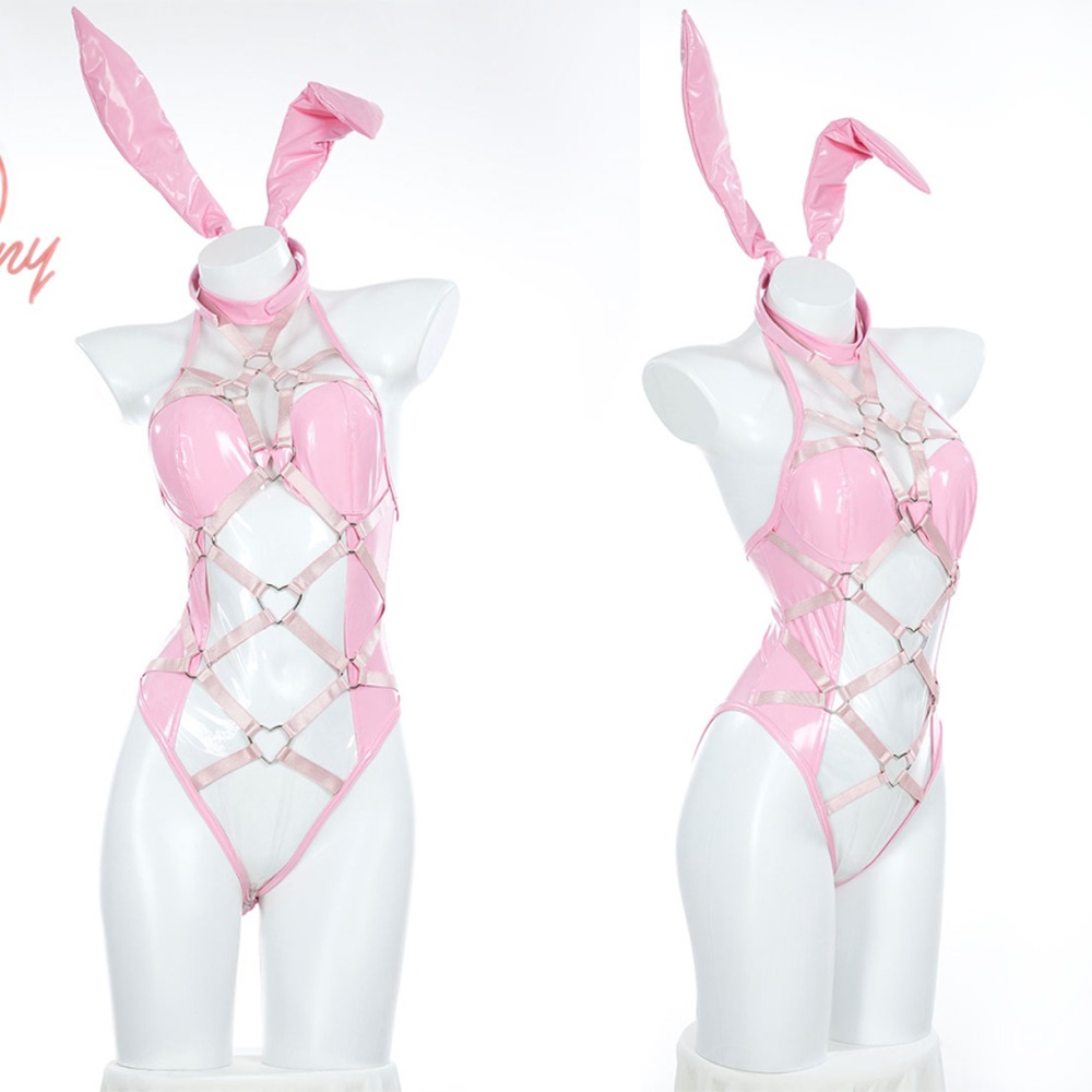 【特物魔屋｜賣家實拍】爆了個兔 原創 愛心粉红兔女郎 COSPLAY 甜美兔子洞 連身 透明 綁帶 PU漆皮 開檔扣-細節圖3