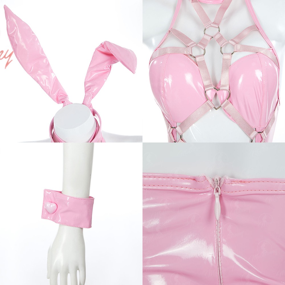 【特物魔屋｜賣家實拍】爆了個兔 原創 愛心粉红兔女郎 COSPLAY 甜美兔子洞 連身 透明 綁帶 PU漆皮 開檔扣-細節圖4