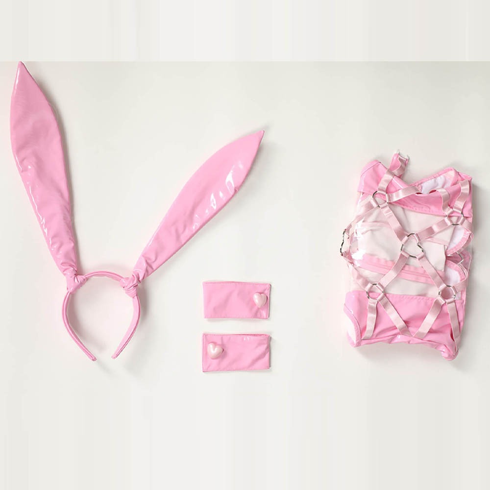 【特物魔屋｜賣家實拍】爆了個兔 原創 愛心粉红兔女郎 COSPLAY 甜美兔子洞 連身 透明 綁帶 PU漆皮 開檔扣-細節圖5