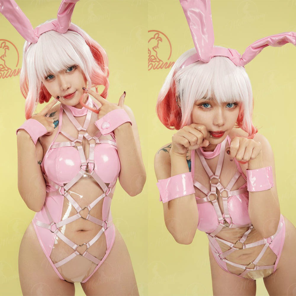 【特物魔屋｜賣家實拍】爆了個兔 原創 愛心粉红兔女郎 COSPLAY 甜美兔子洞 連身 透明 綁帶 PU漆皮 開檔扣-細節圖6