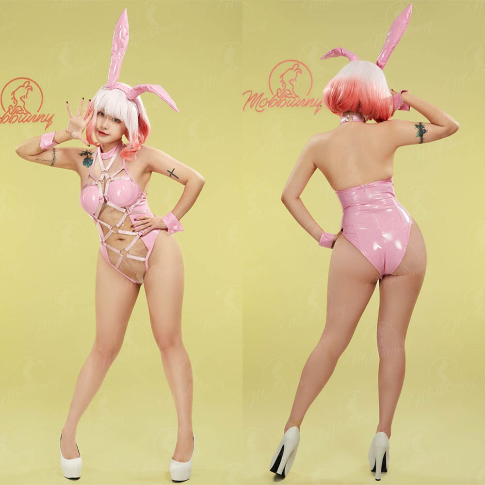 【特物魔屋｜賣家實拍】爆了個兔 原創 愛心粉红兔女郎 COSPLAY 甜美兔子洞 連身 透明 綁帶 PU漆皮 開檔扣-細節圖7