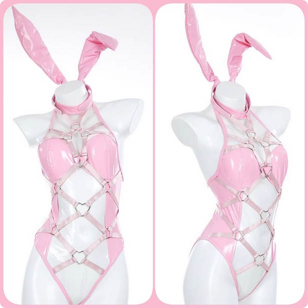 【特物魔屋｜賣家實拍】爆了個兔 原創 愛心粉红兔女郎 COSPLAY 甜美兔子洞 連身 透明 綁帶 PU漆皮 開檔扣-規格圖8
