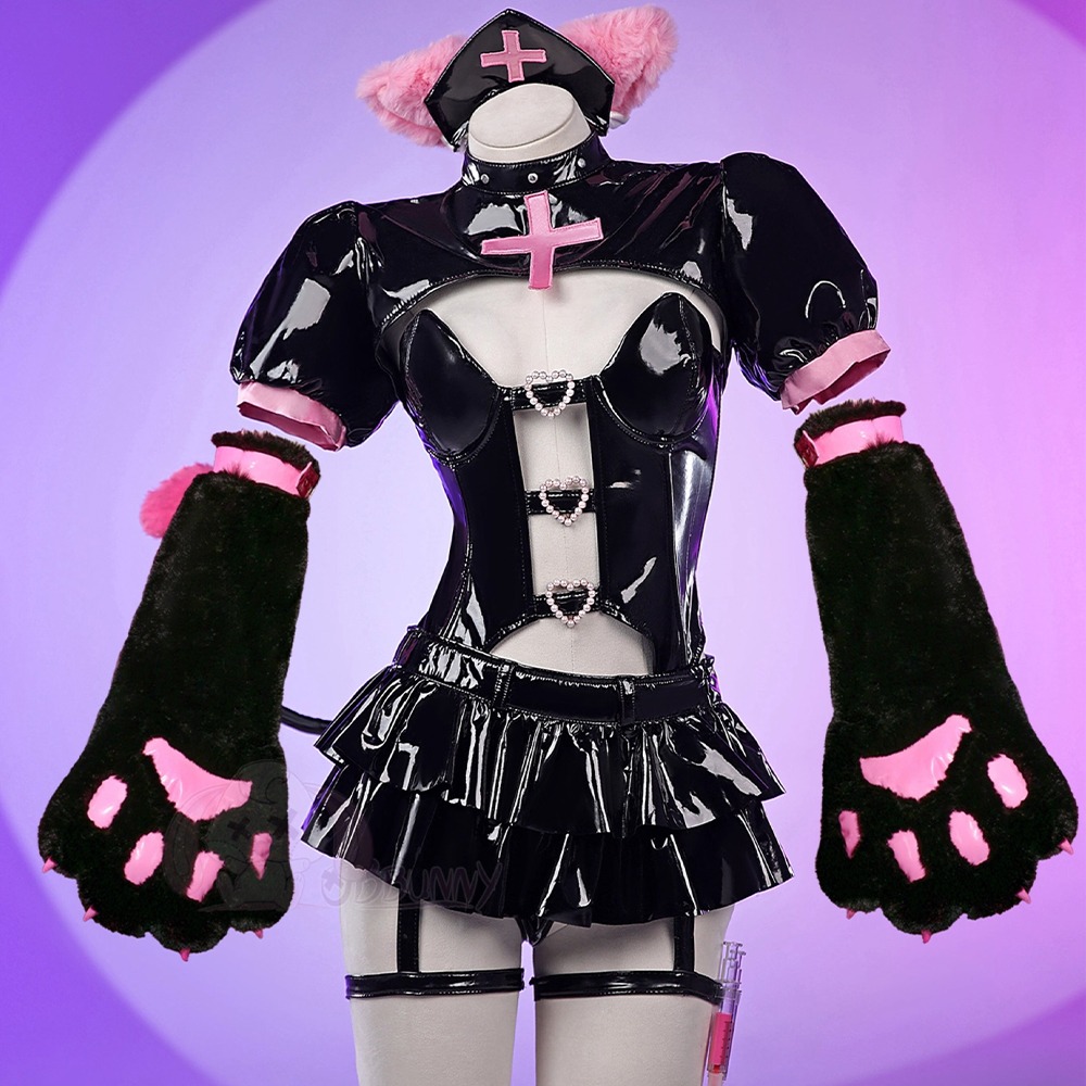 【特物魔屋】爆了個兔 COSPLAY角色扮演 小惡魔貓咪護士 可愛萌爪獸爪 PU漆皮馬甲吊帶開胸丁字-細節圖3