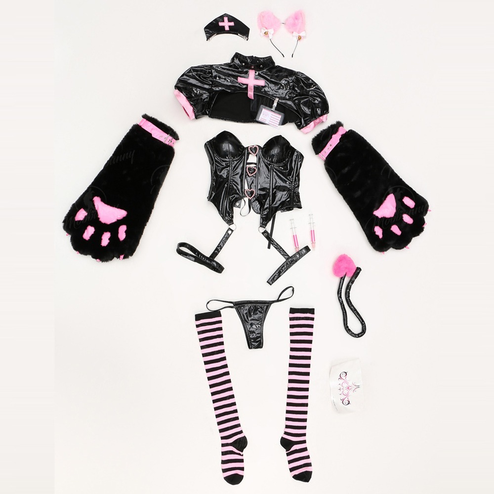 【特物魔屋】爆了個兔 COSPLAY角色扮演 小惡魔貓咪護士 可愛萌爪獸爪 PU漆皮馬甲吊帶開胸丁字-細節圖6