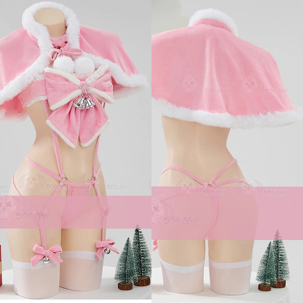 【特物魔屋】爆了個兔 COSPLAY 聖誕節 性感粉紅禮物 毛絨蝴蝶結鈴鐺吊帶丁字 內衣套裝-細節圖3