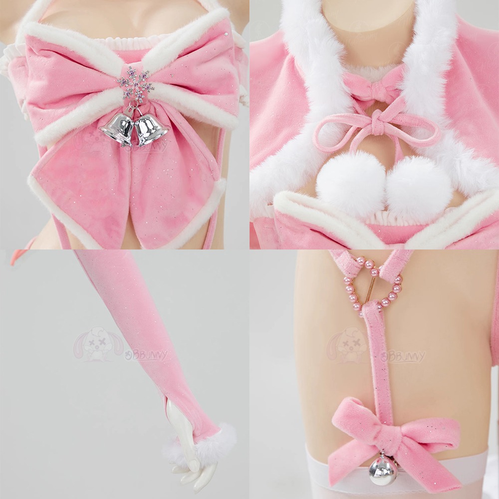 【特物魔屋】爆了個兔 COSPLAY 聖誕節 性感粉紅禮物 毛絨蝴蝶結鈴鐺吊帶丁字 內衣套裝-細節圖4