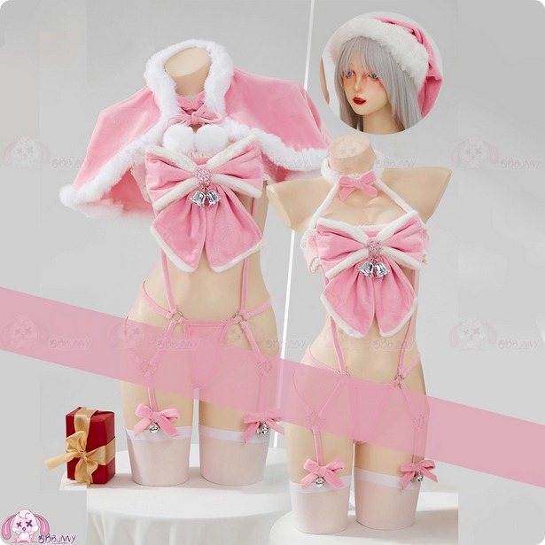 【特物魔屋】爆了個兔 COSPLAY 聖誕節 性感粉紅禮物 毛絨蝴蝶結鈴鐺吊帶丁字 內衣套裝-規格圖6