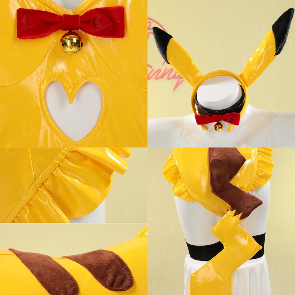 【特物魔屋】爆了個兔 COSPLAY角色扮演 原創 神奇寶貝寶可夢皮卡丘同人版兔女郎套裝 PU漆皮亮面緊身高叉露背-細節圖4