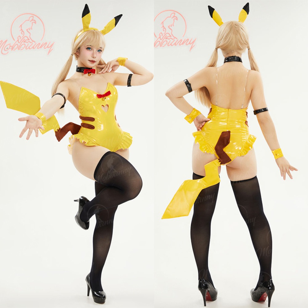 【特物魔屋】爆了個兔 COSPLAY角色扮演 原創 神奇寶貝寶可夢皮卡丘同人版兔女郎套裝 PU漆皮亮面緊身高叉露背-細節圖5