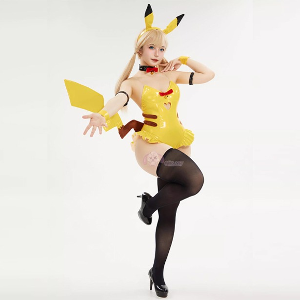 【特物魔屋】爆了個兔 COSPLAY角色扮演 原創 神奇寶貝寶可夢皮卡丘同人版兔女郎套裝 PU漆皮亮面緊身高叉露背-規格圖7