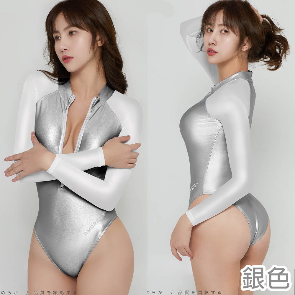 【特物魔屋】AMORESY Lachesis系列拼色開胸前拉鍊光澤修身高叉長袖包臀炫彩競技競速泳衣泳裝-細節圖3