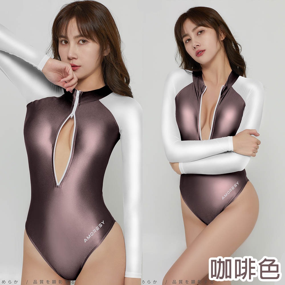 【特物魔屋】AMORESY Lachesis系列拼色開胸前拉鍊光澤修身高叉長袖包臀炫彩競技競速泳衣泳裝-細節圖5