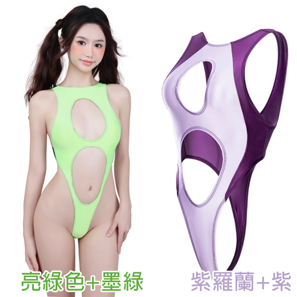 【特物魔屋】阿叔特皮Ashotplz 鏤空挖空拼色無袖背心露背高叉丁字襠錦氨油亮連身泳衣泳裝-細節圖4