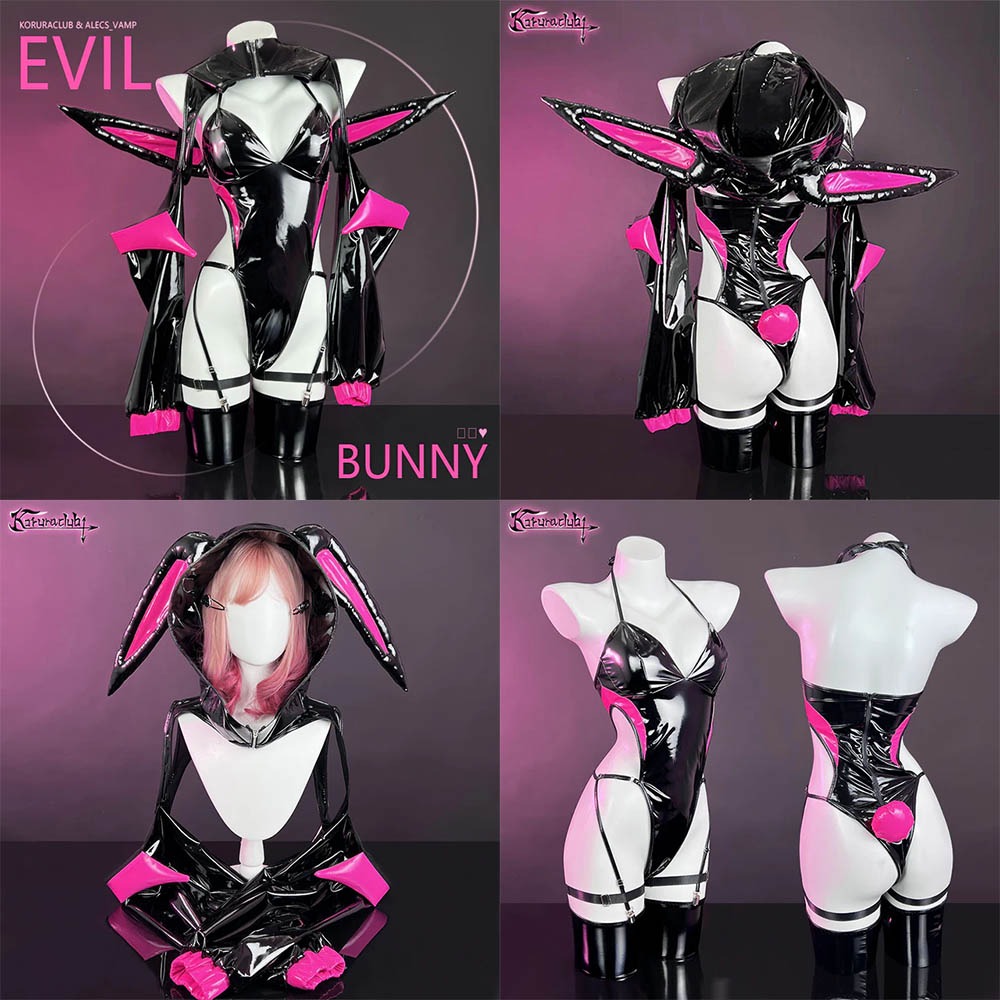 【特物魔屋｜賣家實拍】 KORURACLUB COSPLAY角色扮演 邪惡性感兔女郎高叉漆皮PU皮革丁字露背吊帶套裝-細節圖4
