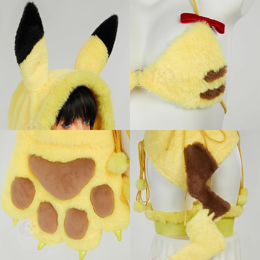 【特物魔屋】爆了個兔 COSPLAY角色扮演萬聖節 原創寶可夢神奇寶貝 皮卡丘毛绒絨毛比基尼 大爪獸爪長袖連帽-細節圖4