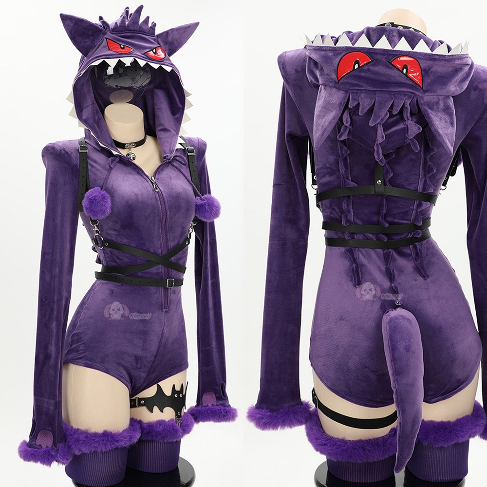 【特物魔屋】爆了個兔 COSPLAY角色扮演萬聖節 原創寶可夢神奇寶貝耿鬼 毛絨連身連帽衣 緊身衣 長袖高叉開胸拉鍊綁帶-細節圖3