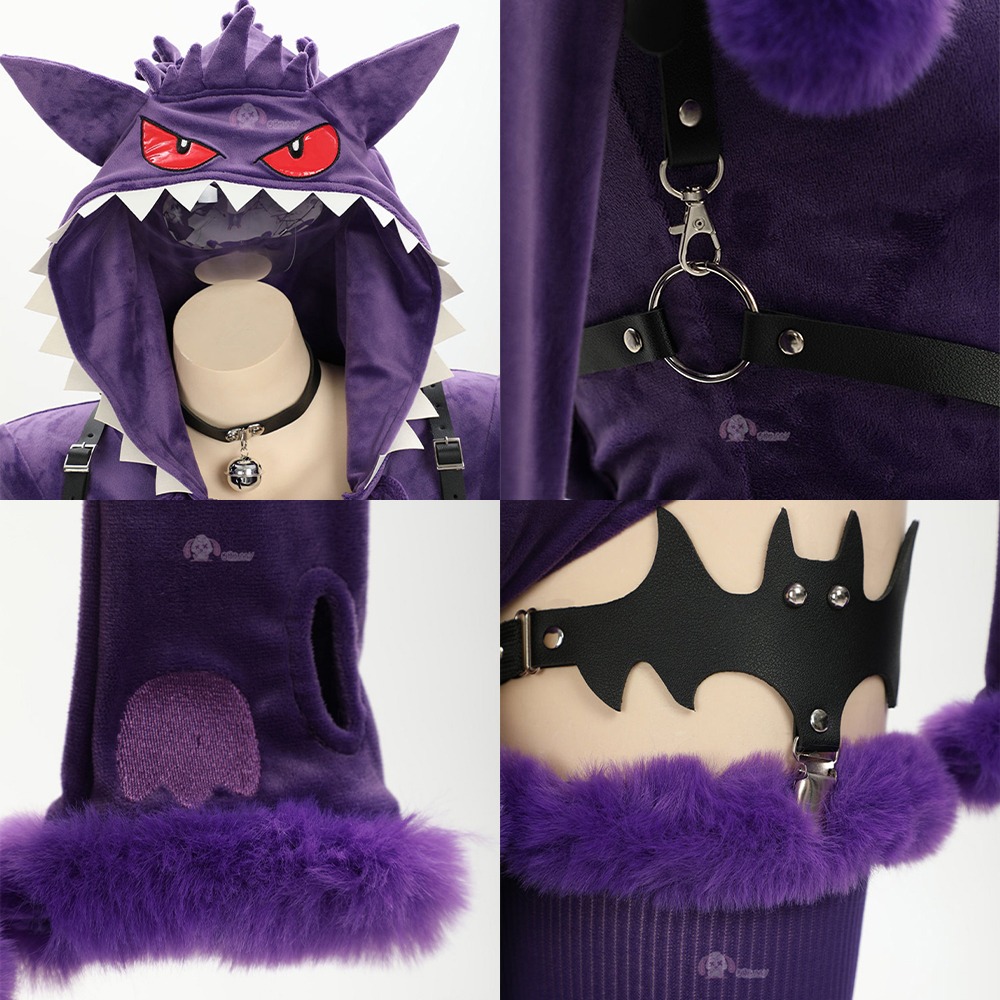 【特物魔屋】爆了個兔 COSPLAY角色扮演萬聖節 原創寶可夢神奇寶貝耿鬼 毛絨連身連帽衣 緊身衣 長袖高叉開胸拉鍊綁帶-細節圖4