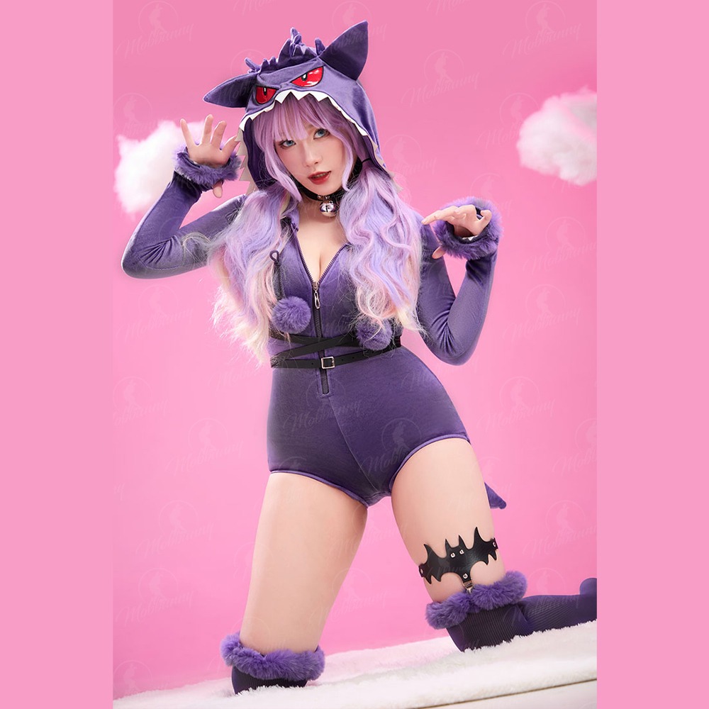 【特物魔屋】爆了個兔 COSPLAY角色扮演萬聖節 原創寶可夢神奇寶貝耿鬼 毛絨連身連帽衣 緊身衣 長袖高叉開胸拉鍊綁帶-細節圖5