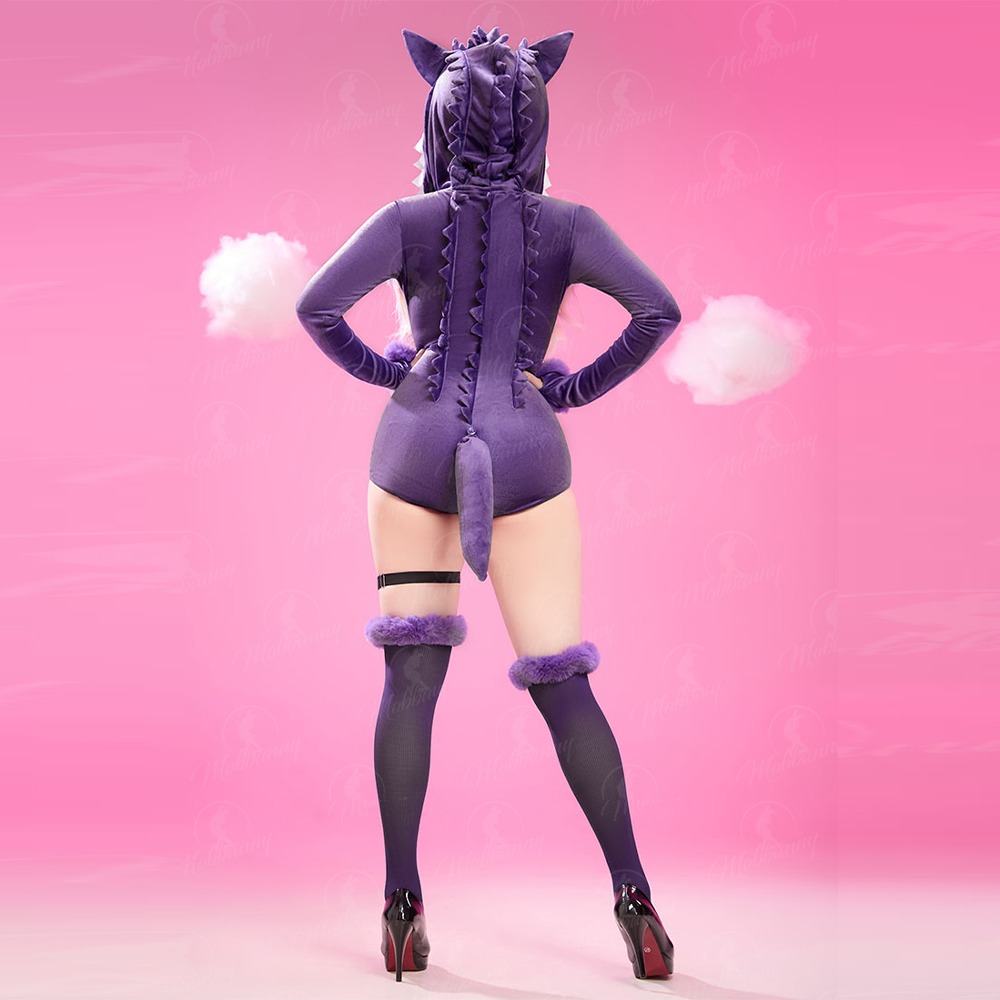 【特物魔屋】爆了個兔 COSPLAY角色扮演萬聖節 原創寶可夢神奇寶貝耿鬼 毛絨連身連帽衣 緊身衣 長袖高叉開胸拉鍊綁帶-細節圖6