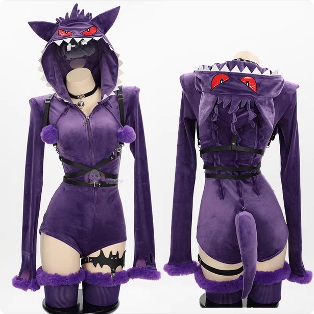 【特物魔屋】爆了個兔 COSPLAY角色扮演萬聖節 原創寶可夢神奇寶貝耿鬼 毛絨連身連帽衣 緊身衣 長袖高叉開胸拉鍊綁帶-規格圖6