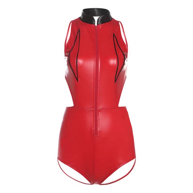 【特物魔屋】KLIOU 時尚設計感 夜店風DJ風撞色開胸前拉鍊無袖背心鏤空露腰顯瘦連身衣連身褲短褲-規格圖6