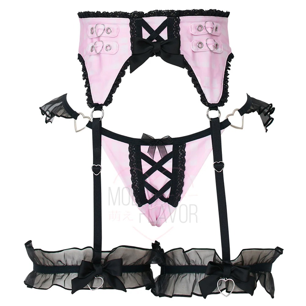 【特物魔屋】 MOEFLAVOR 地雷系蕾絲蝴蝶結辣妹風格成套內衣套裝 吊帶丁字內褲 低腰內褲-規格圖7