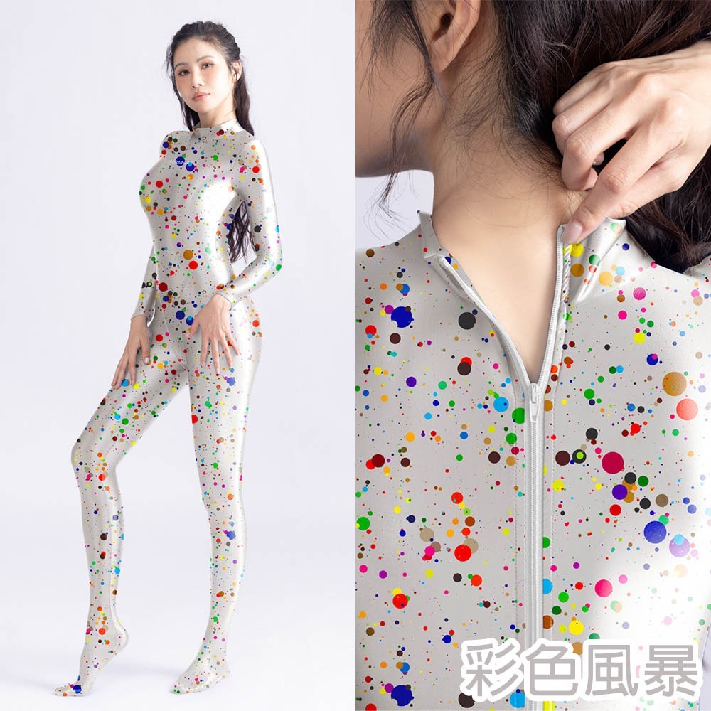 【特物魔屋】AMORESY Athena系列 緊身連身衣 圖案設計光澤高彈布料 背後拉鍊 連身長袖包腳緊身衣 泳衣泳裝-細節圖3