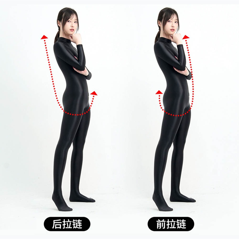 【特物魔屋】MJINM美優美 彈力絲滑光澤 塑身健美運動 緊身衣連身衣褲 雙頭前後長拉鍊開襠 長袖包腳 泳衣泳裝-細節圖3