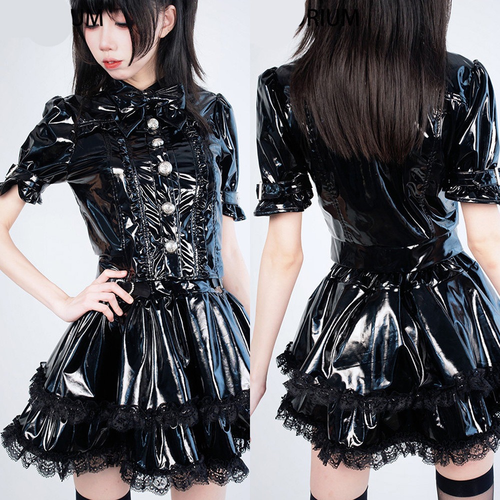 【特物魔屋】緋卡霖FEATURIUM 原創日系 漆皮地雷系洋裝套裝 量產系 黑暗系 短袖襯衫上衣皮衣 高腰短裙皮衣-細節圖3